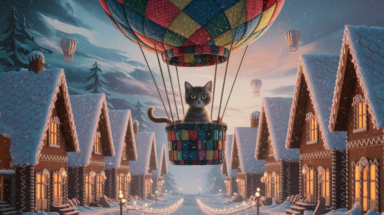 Cat Pilot in Patchwork Balloon Over Festive Winter Village