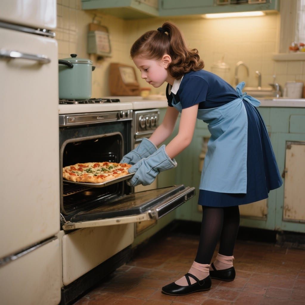 Girl Baking Pizza in 1950s Kitchen Photograph