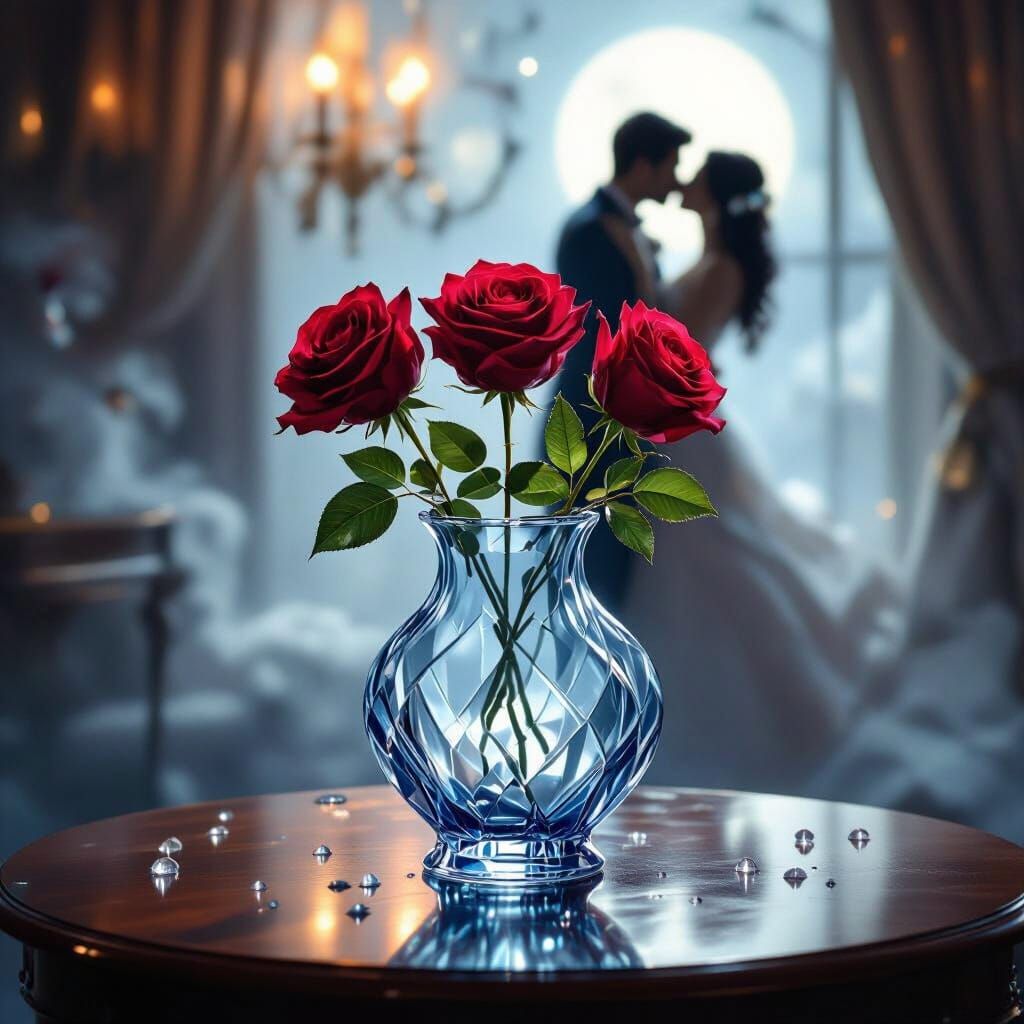 Roses in Crystal Vase with Kissing Couple, Ethereal Style