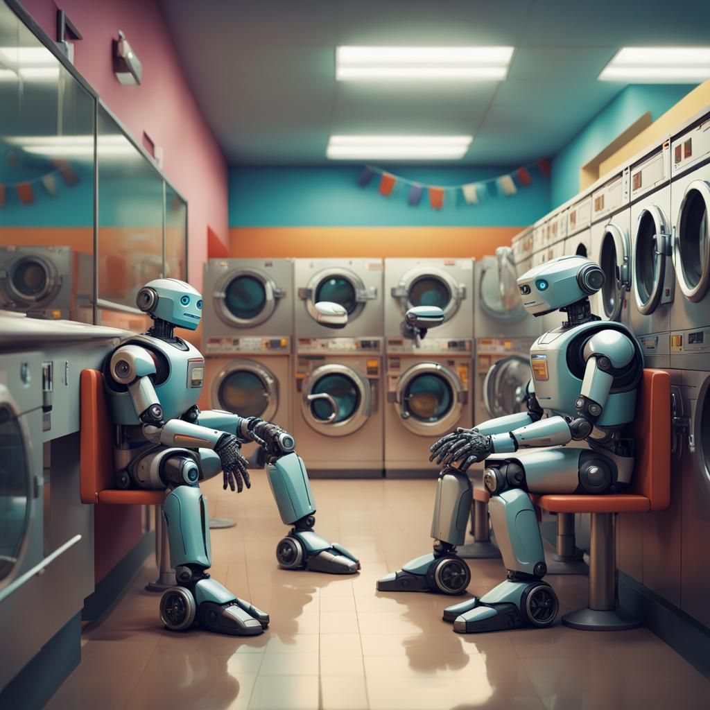 Robots at the Laundromat in Hyperrealistic Style