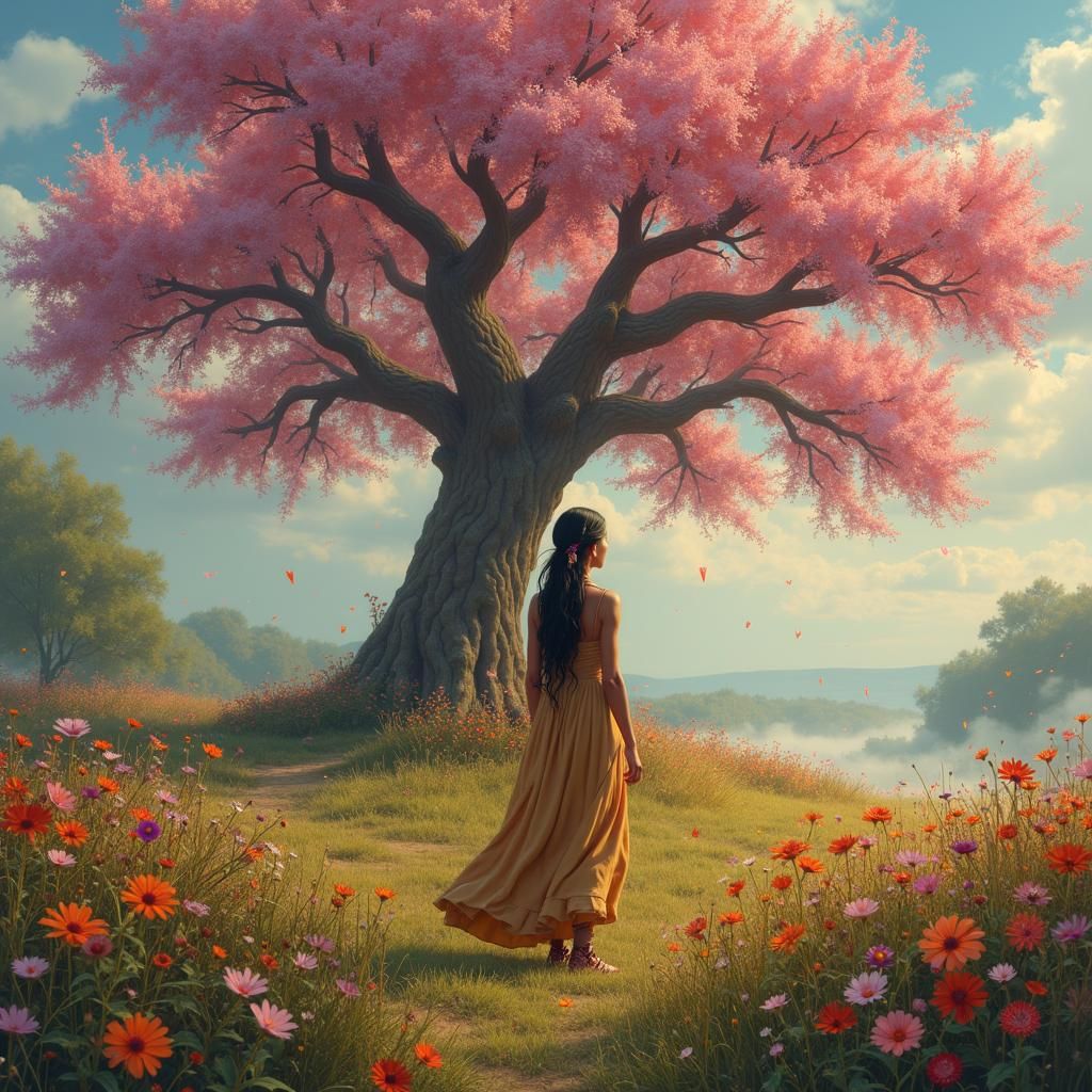 Native American Woman in Ethereal Flower Field