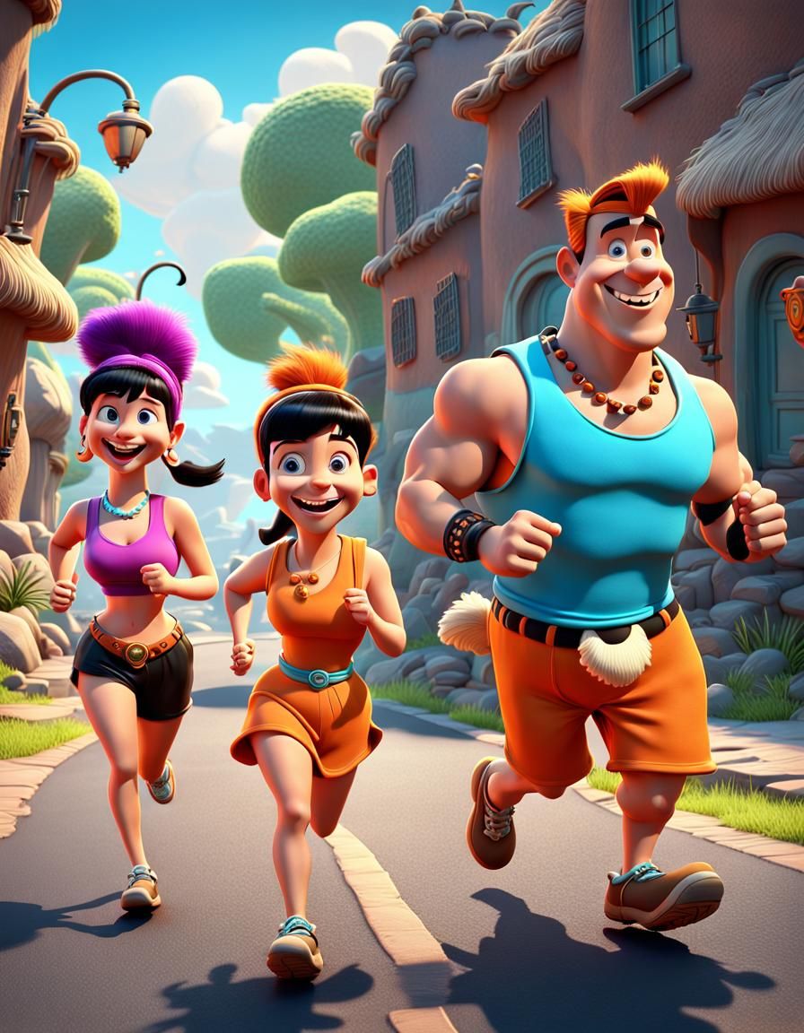 The Flintstones Family Jogging: Pixar-Style Concept Art