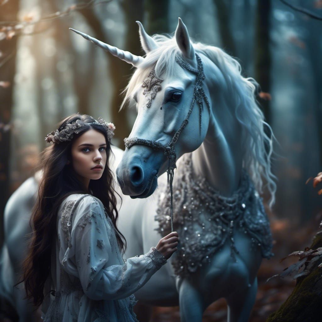 Teenage Girl and Unicorn in Hyperrealistic Forest