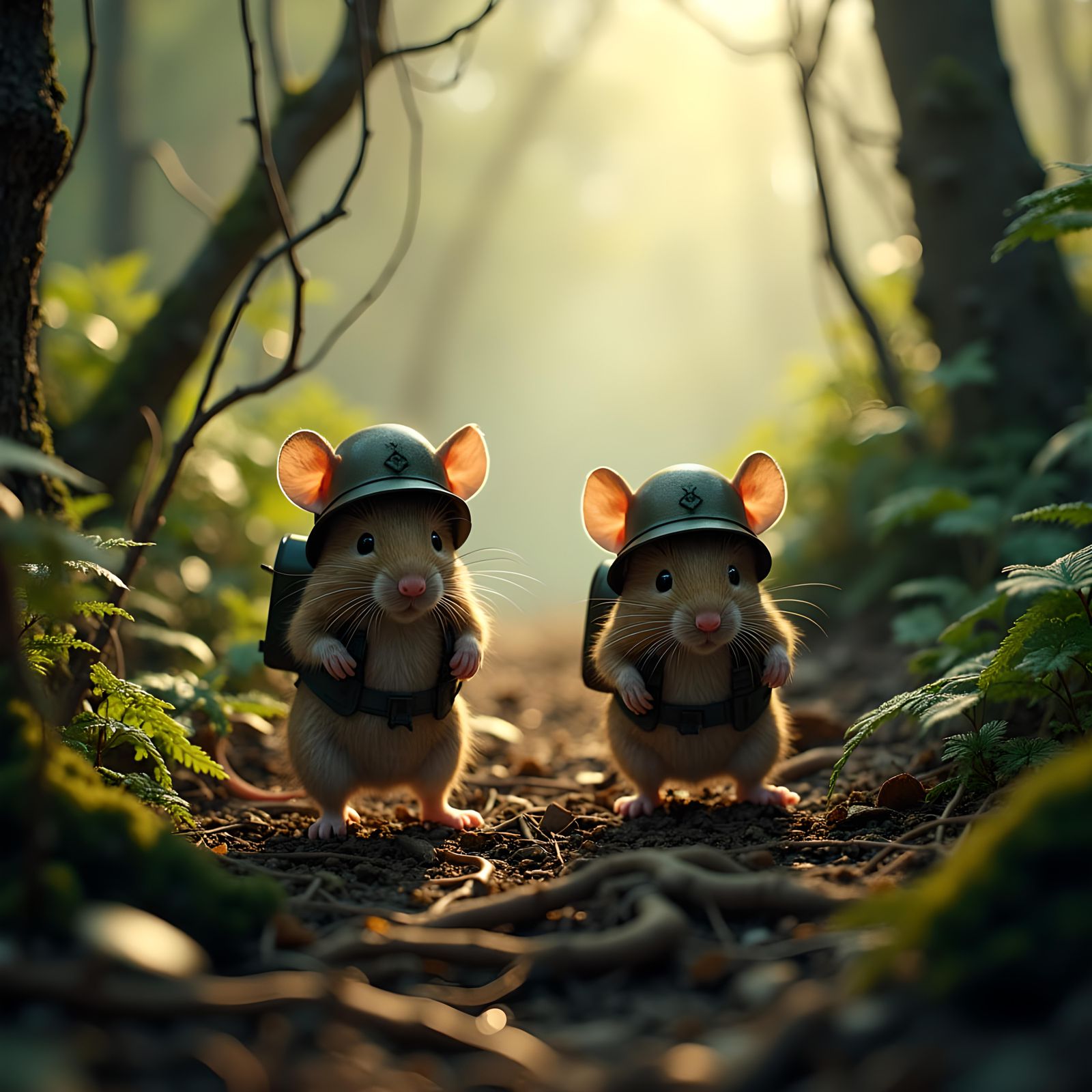 Mice Soldiers in Bush: Cinematic Film Still