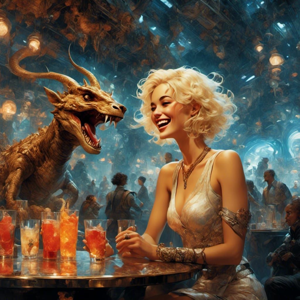 Blonde Woman Laughing with Alien in Space Cafe