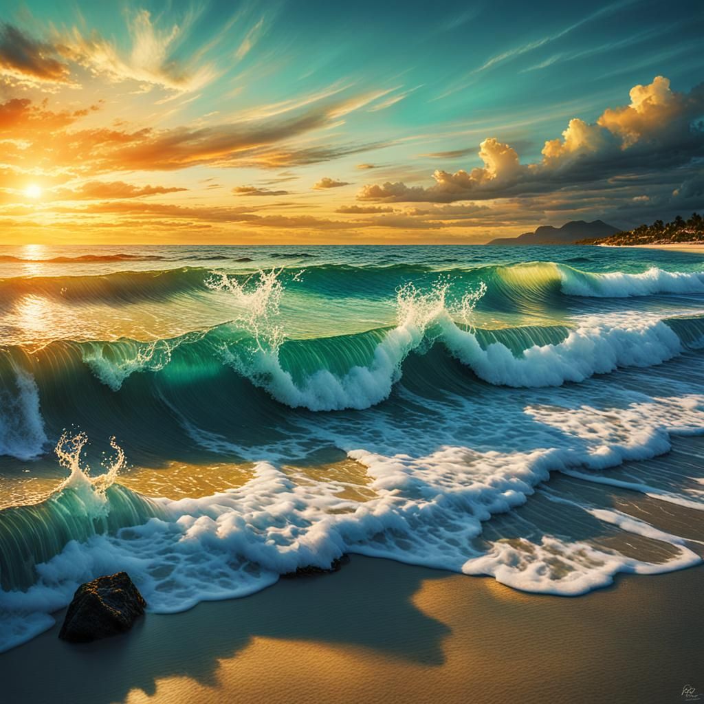 Vivid Citrine Sunset on Seaside Beach, Watercolor Style