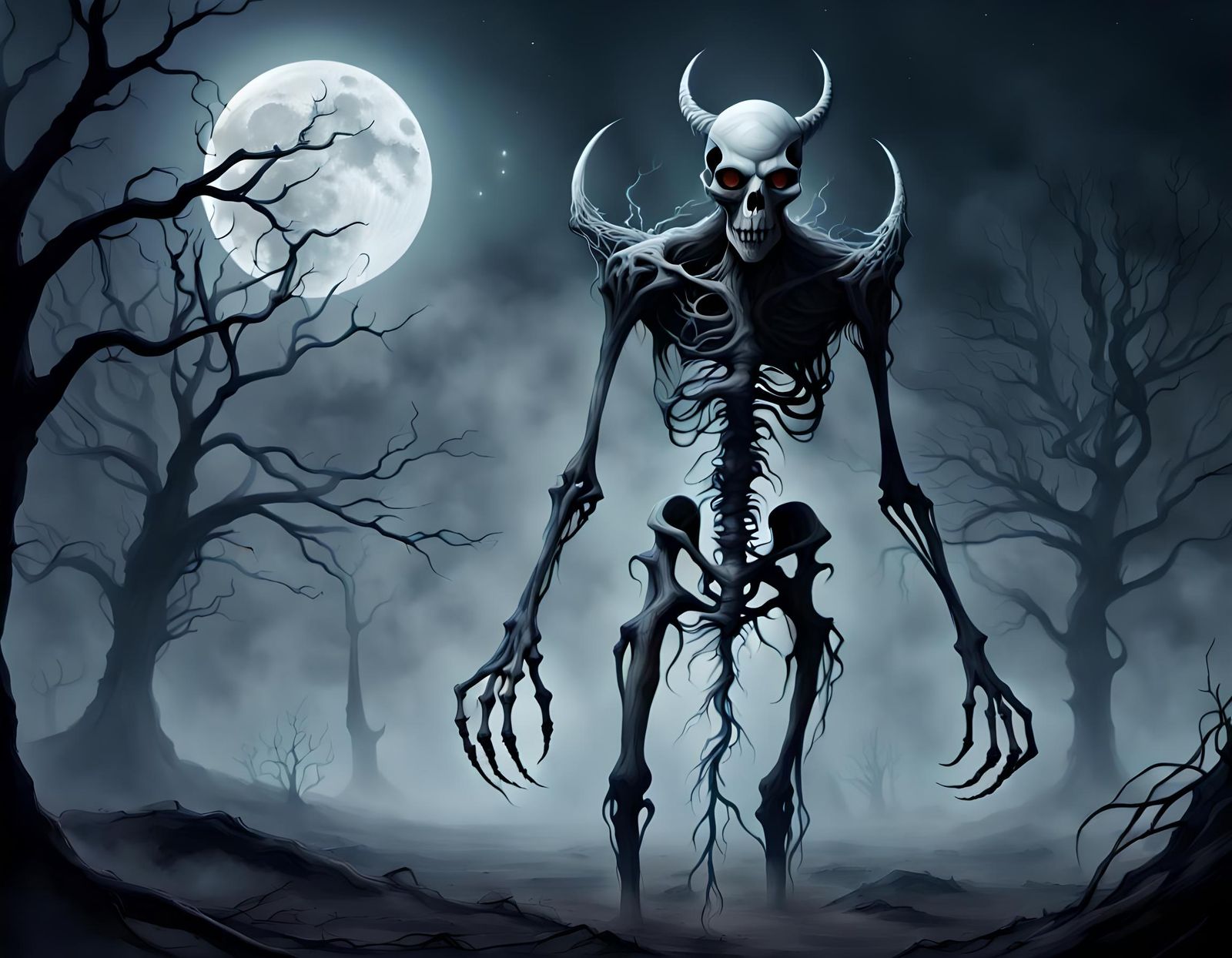 Skeletal Demon with Hollow Eyes in Desolate Landscape