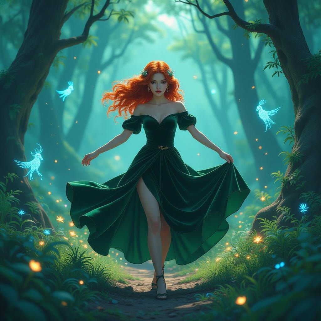 Dancing Woman in Bioluminescent Forest, Digital Art