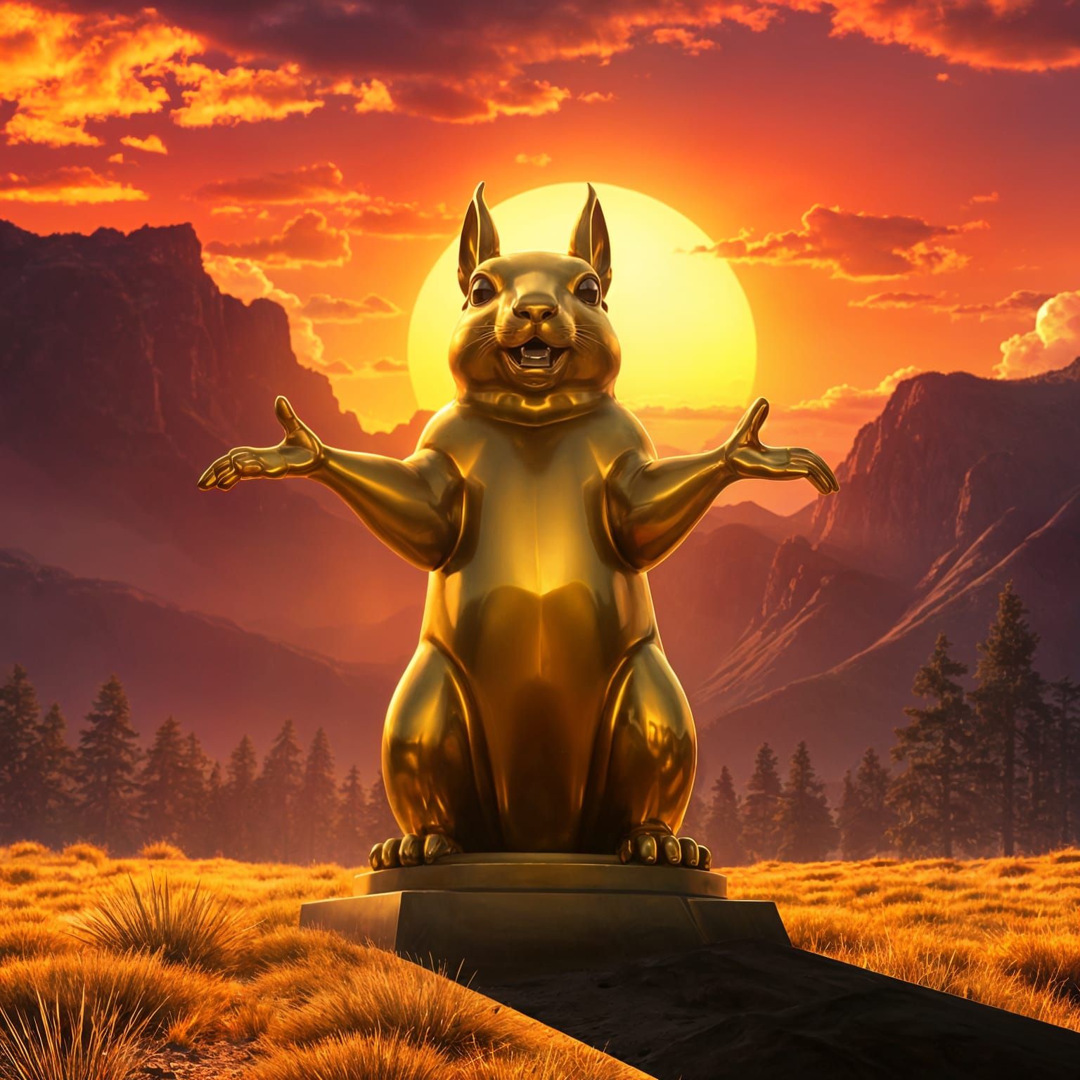 Giant Golden Squirrel Trophy at Sunset