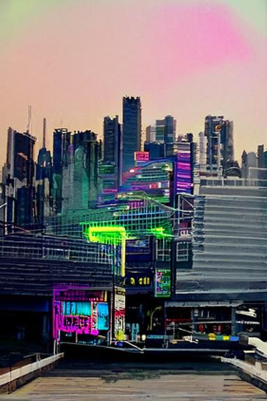 Neon Glitch Cityscape Digital Art