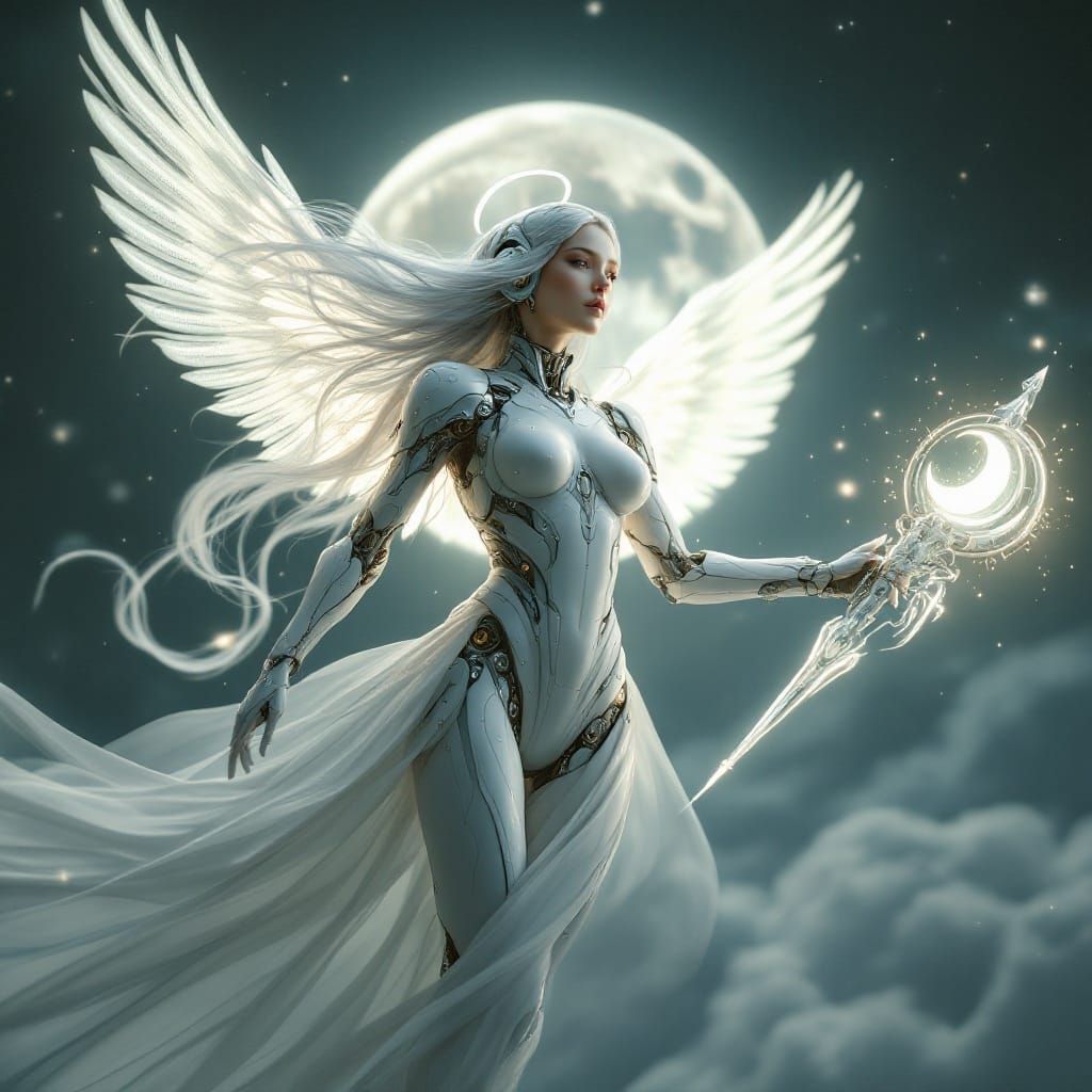 Ethereal Mecha Angel Descends from Night Sky