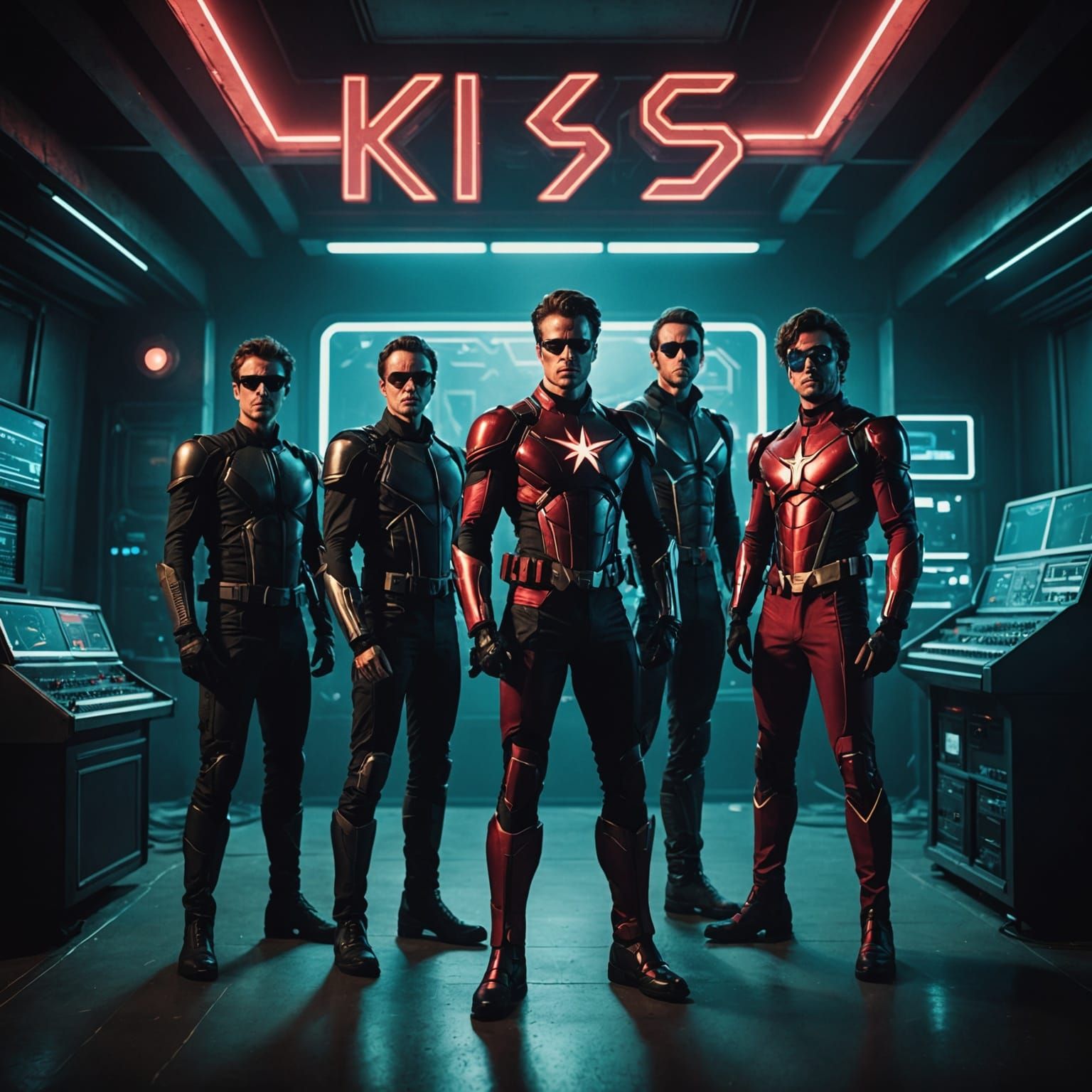 Futuristic Superhero Band Album Cover in Cinematic Style