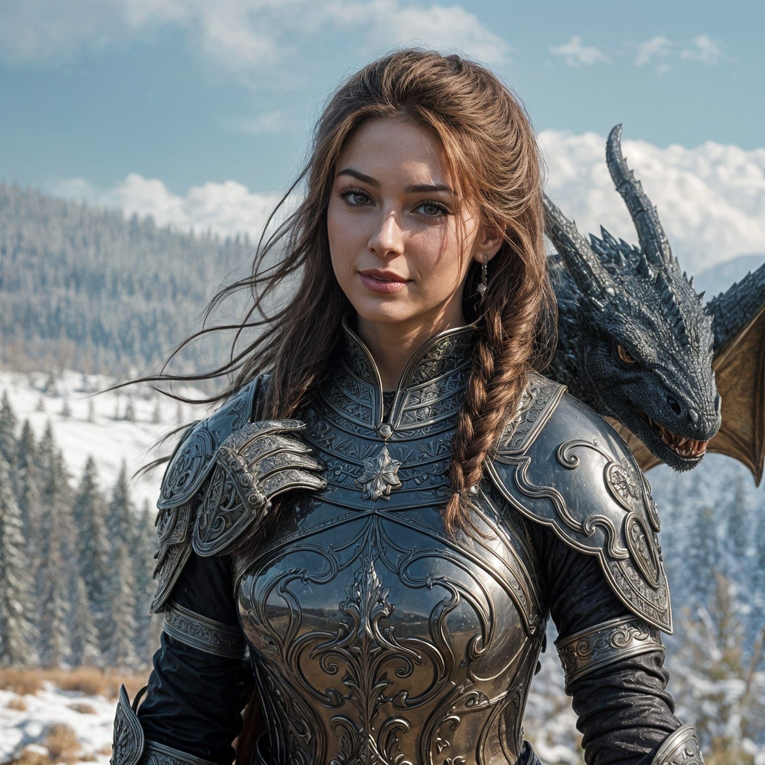Hyperrealistic Woman Petting Dragon on Snowy Hill