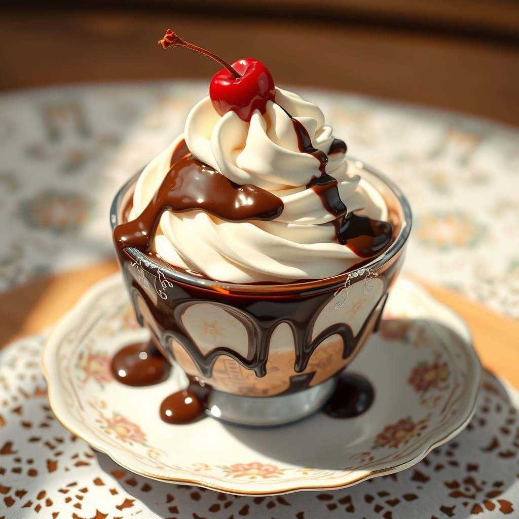 Whimsical Hot Fudge Sundae in Idyllic Anime-Inspired Setting