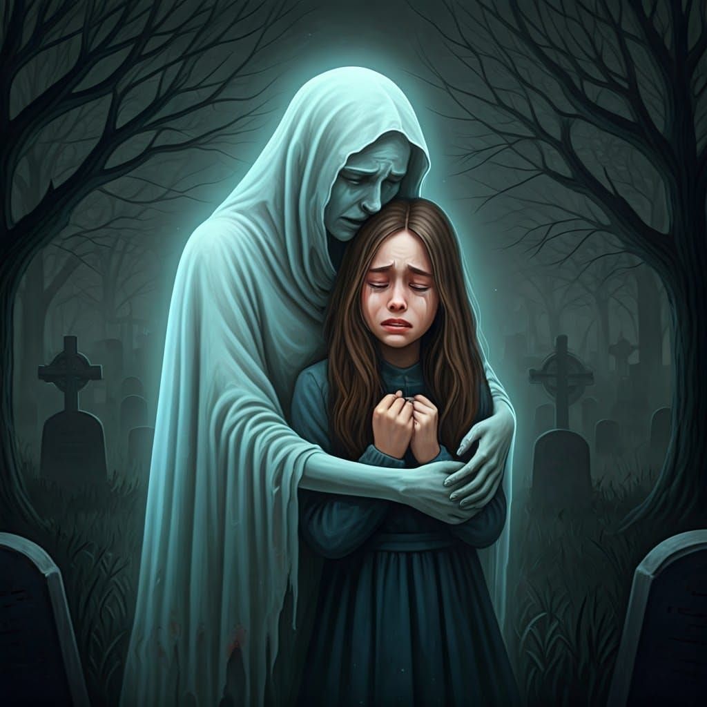 Ethereal Ghost Comforts Child in Cemetery Art