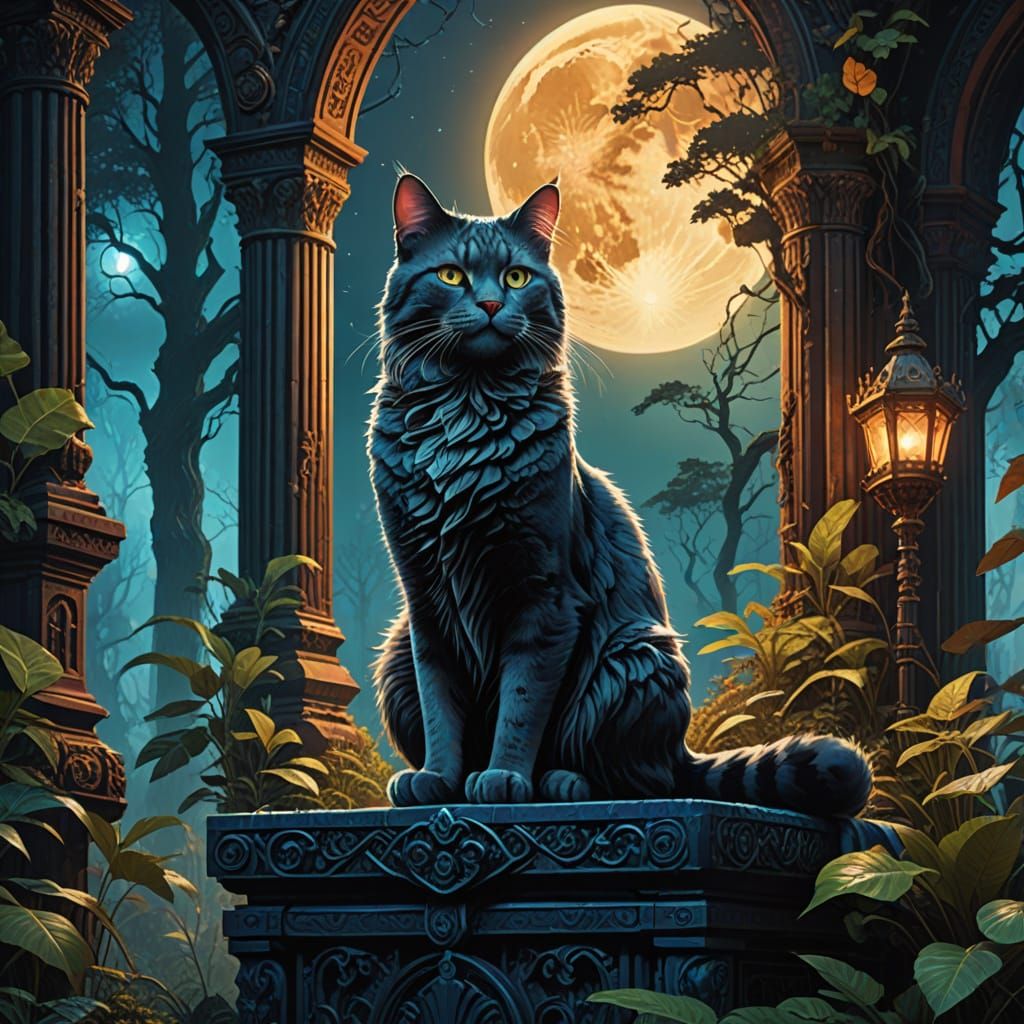 Majestic EEN Cat Reigns on Moonlit Throne