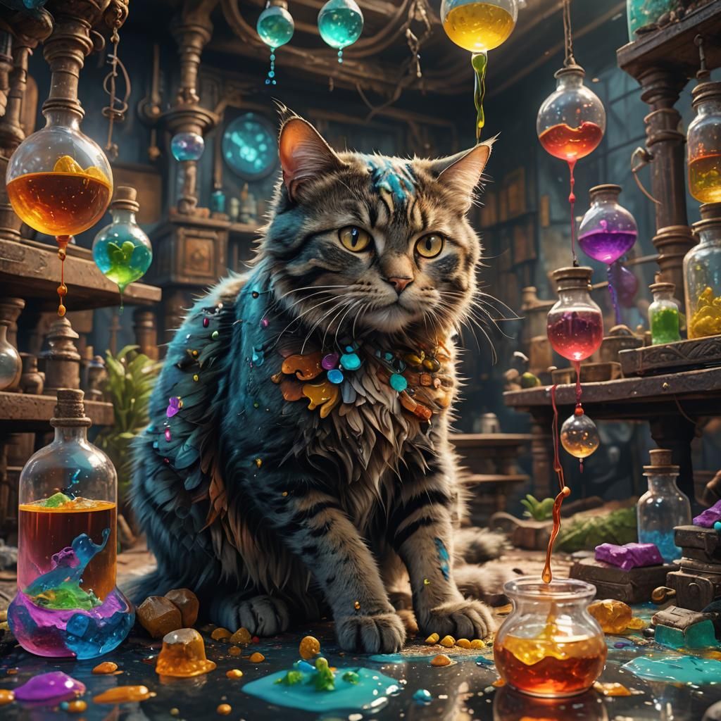 Cat Scientist Conducting Acid Tests: Detailed Matte Painting