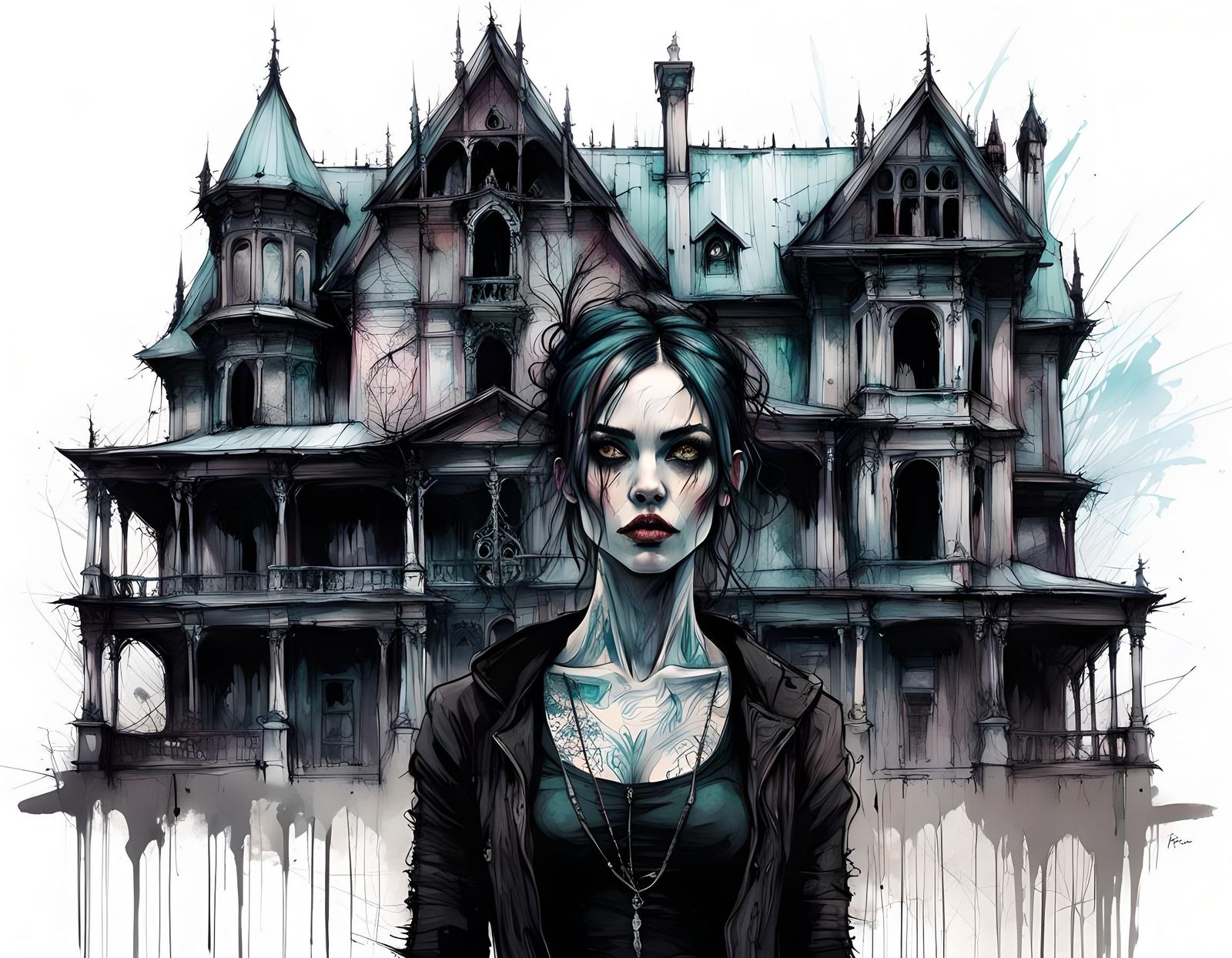Goth Girl in Front of Gothic House