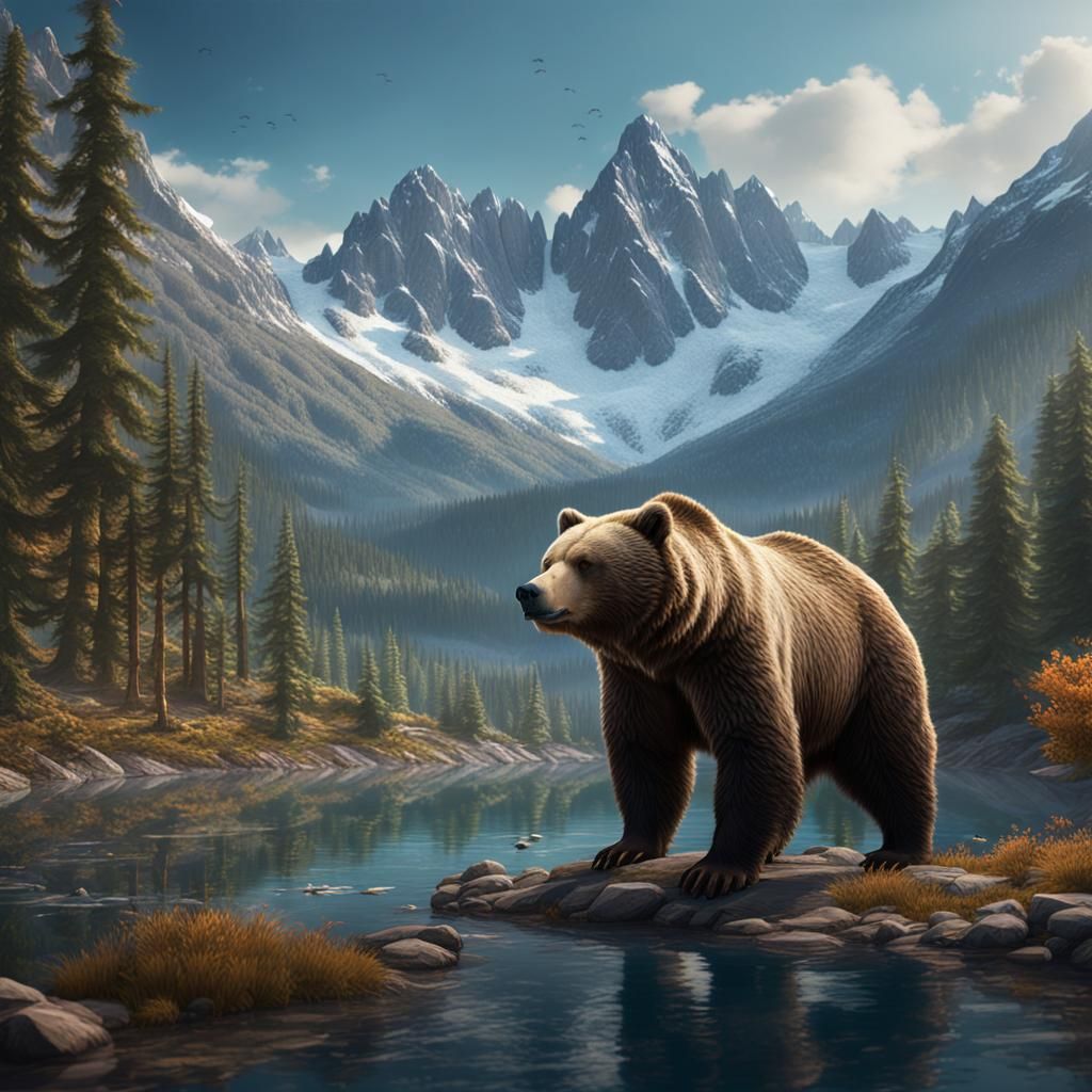 Grizzly Bear in Mountain Lake: Fantasy Concept Art