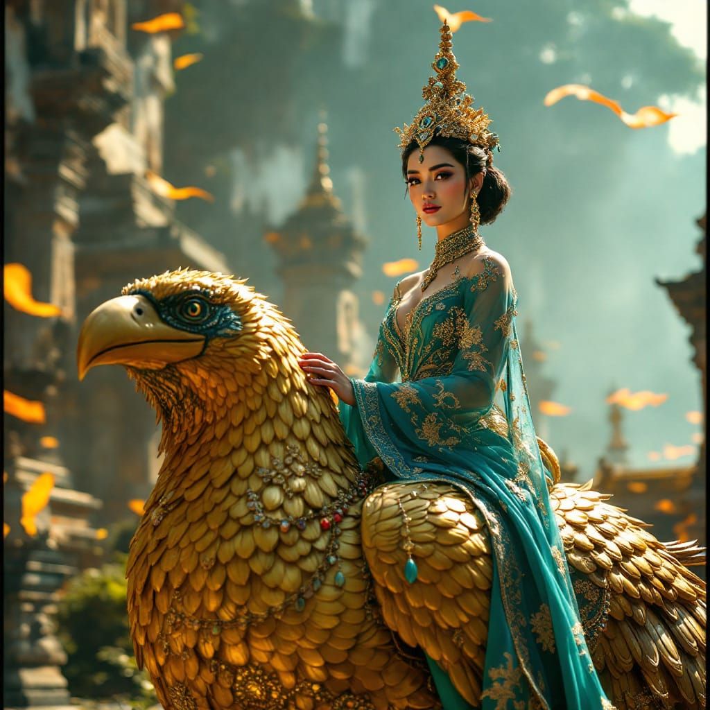 Burmese Queen on Golden Hintha Bird, Cinematic Still
