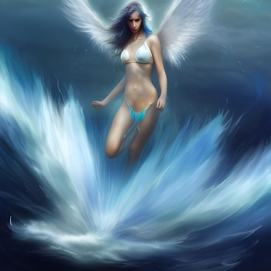 Angelic Woman in Ocean, Watercolor Fantasy Seascape