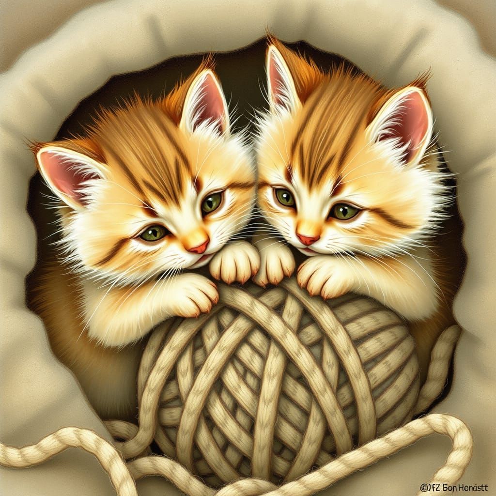 Kittens Playing with Yarn, Illustrated Children's Book Style