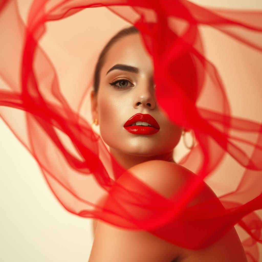 Red Lipstick Enveloped in Flowing Chiffon, Ethereal Photogra...