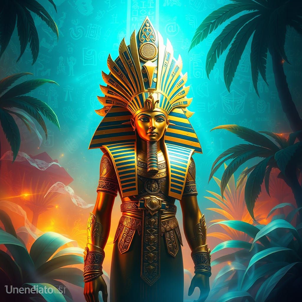 Ancient Egyptian Fertility God Min in Vibrant Hieroglyphic L...