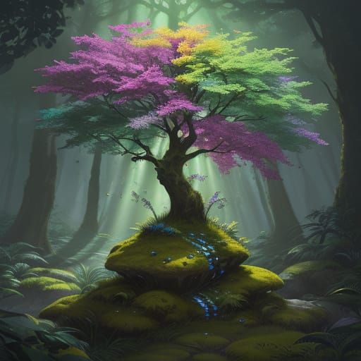 Vibrant Gemstone on Mossy Rock: Detailed Fantasy Art