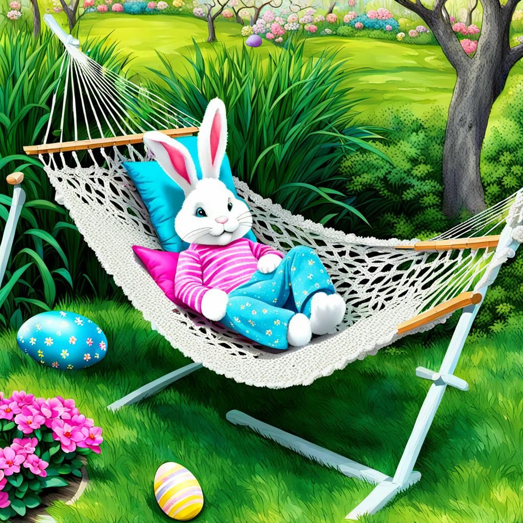 Easter Bunny in Hammock in Secret Garden