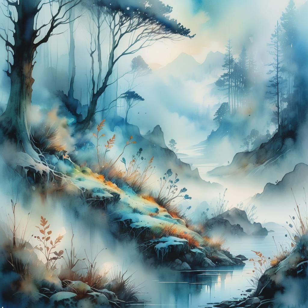 Ethereal Landscape in Watercolor Style