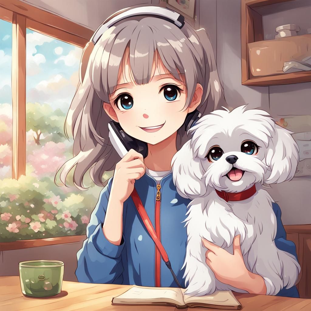 Cartoon Maltese Dog Girl Portrait in Anime Style