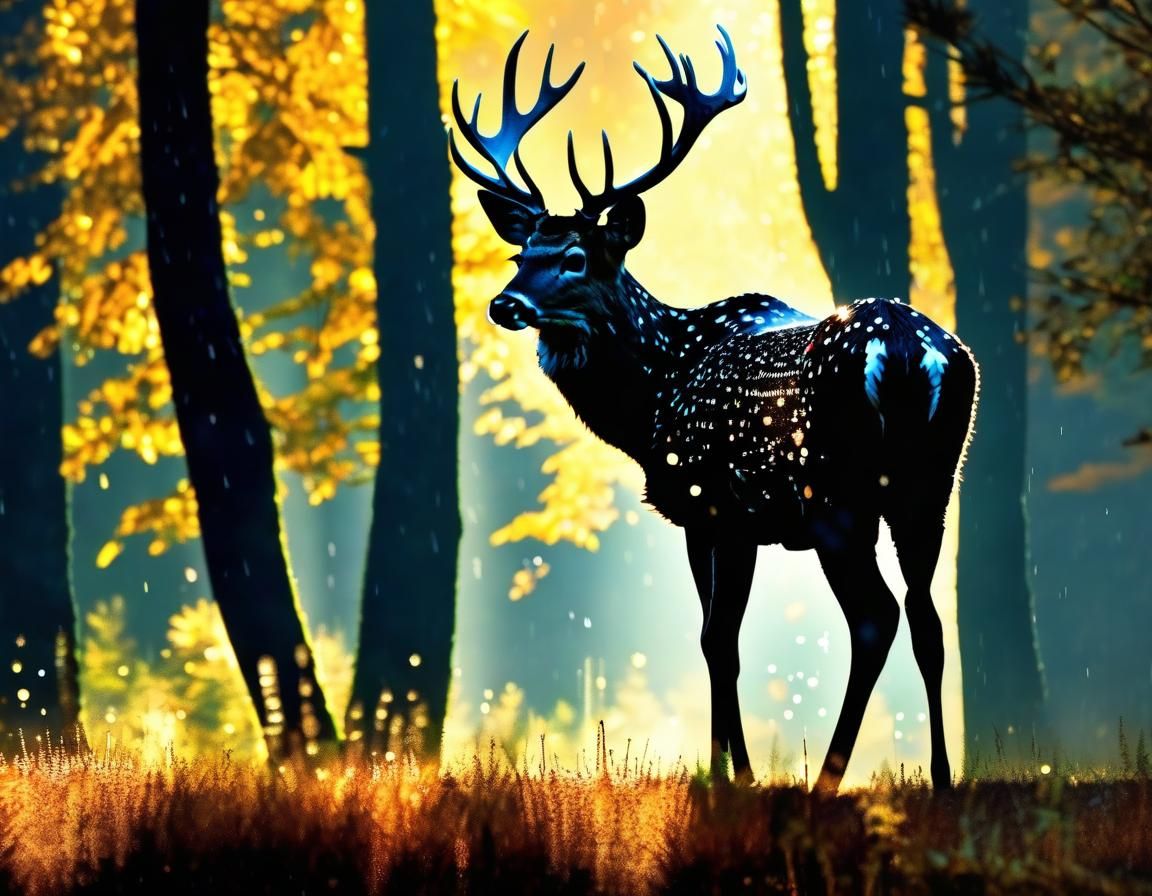 Double Exposure Rain Deer in Sunny Forest