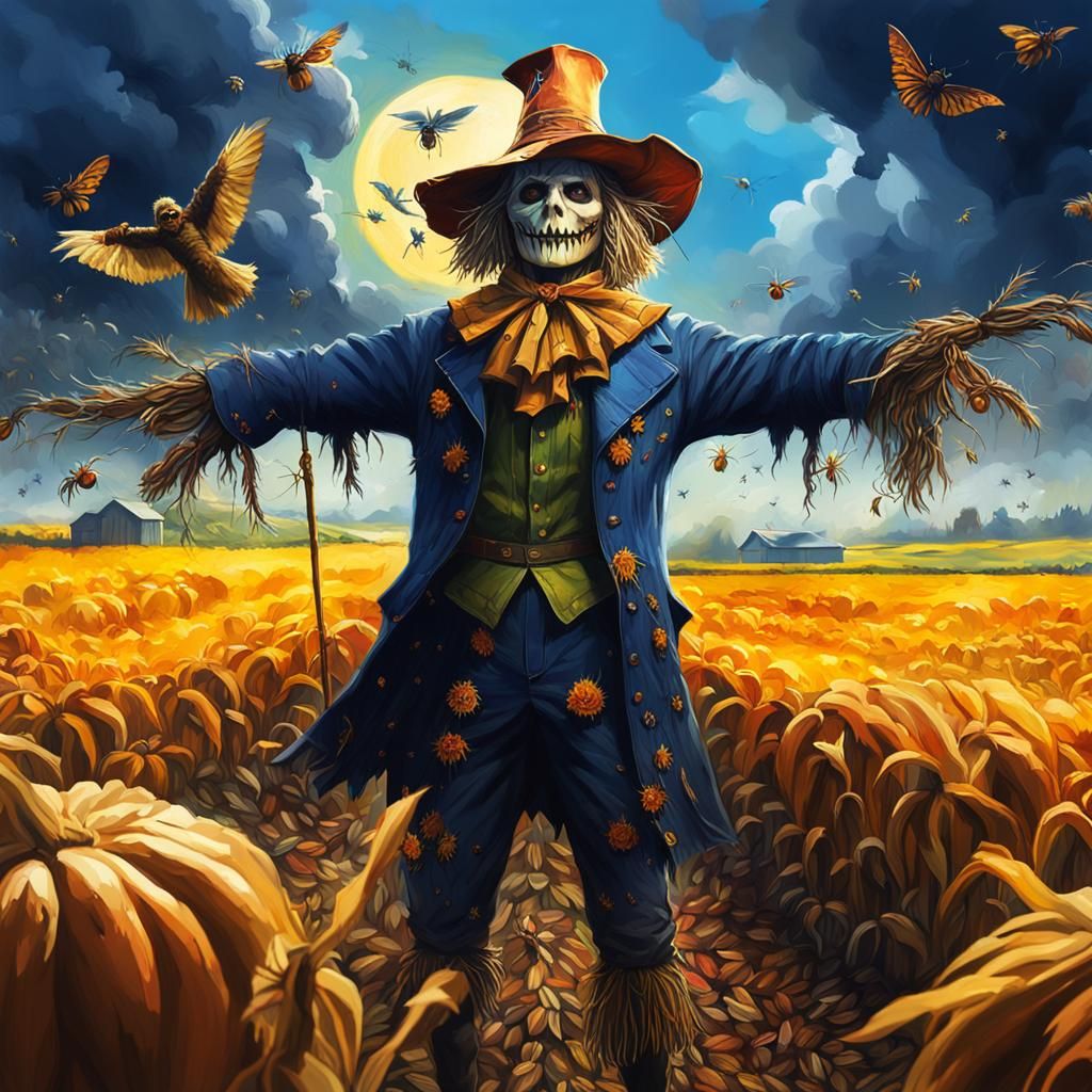 Menacing Scarecrow in Vibrant Oil Painting Style