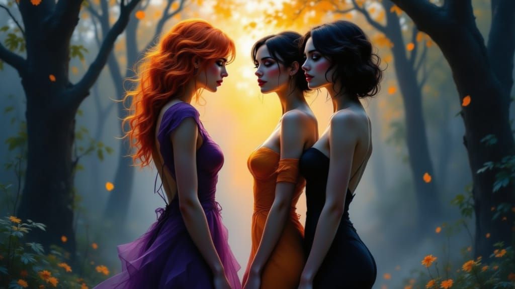 Pin-Up Women in Spooky Halloween Forest