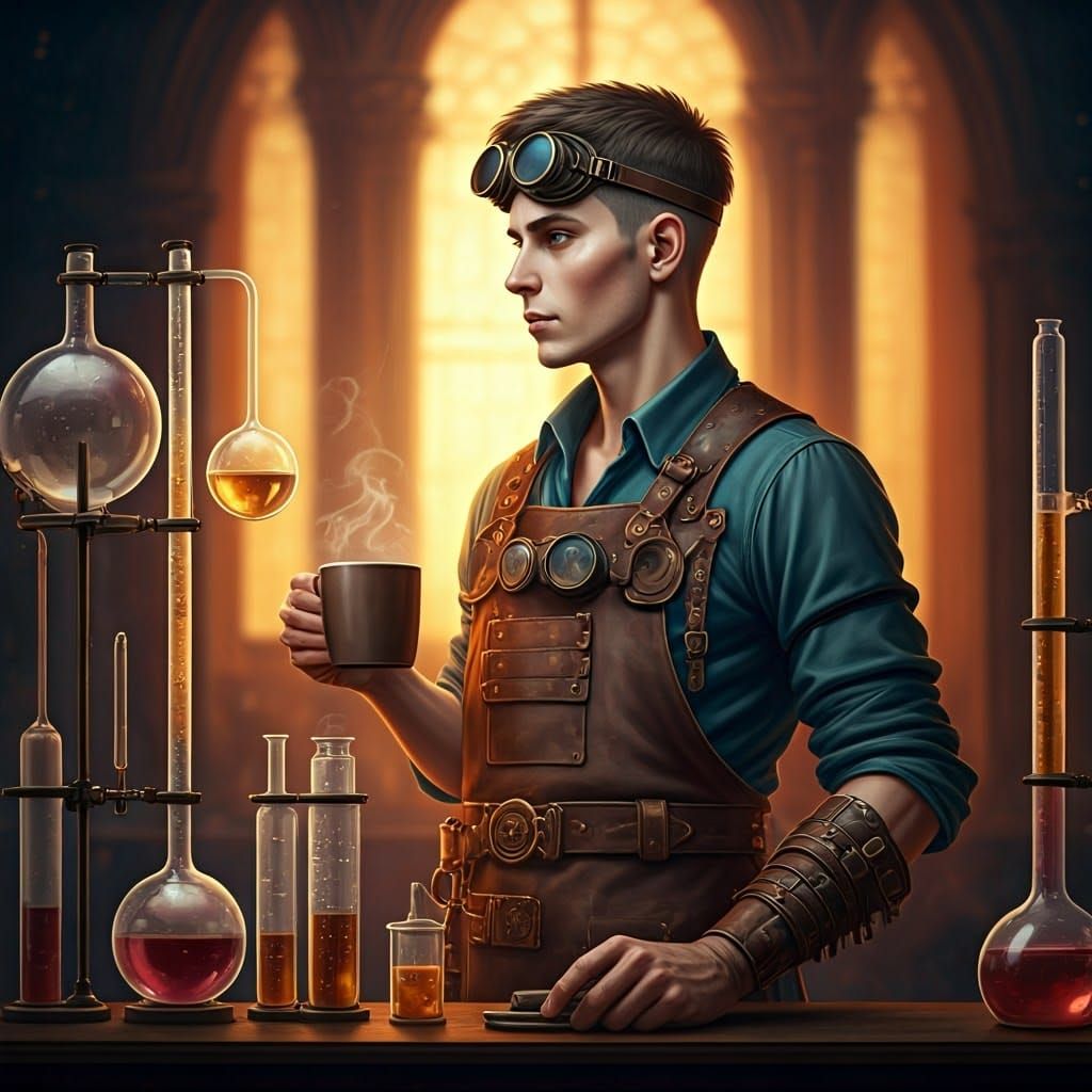 Alchemist Coffee Break in Hyperrealistic Style