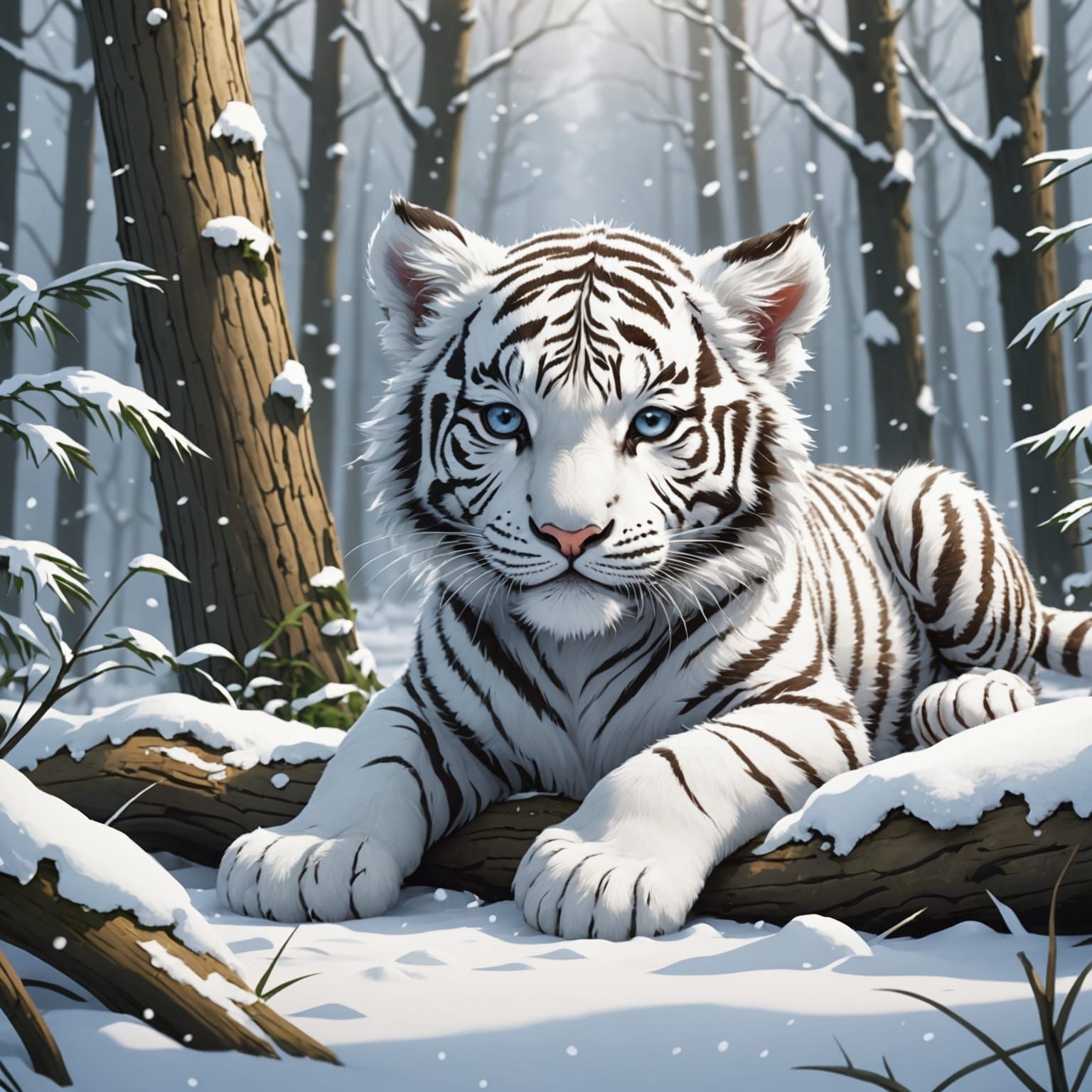 Sleeping White Tiger Cub in Snowy Anime Forest