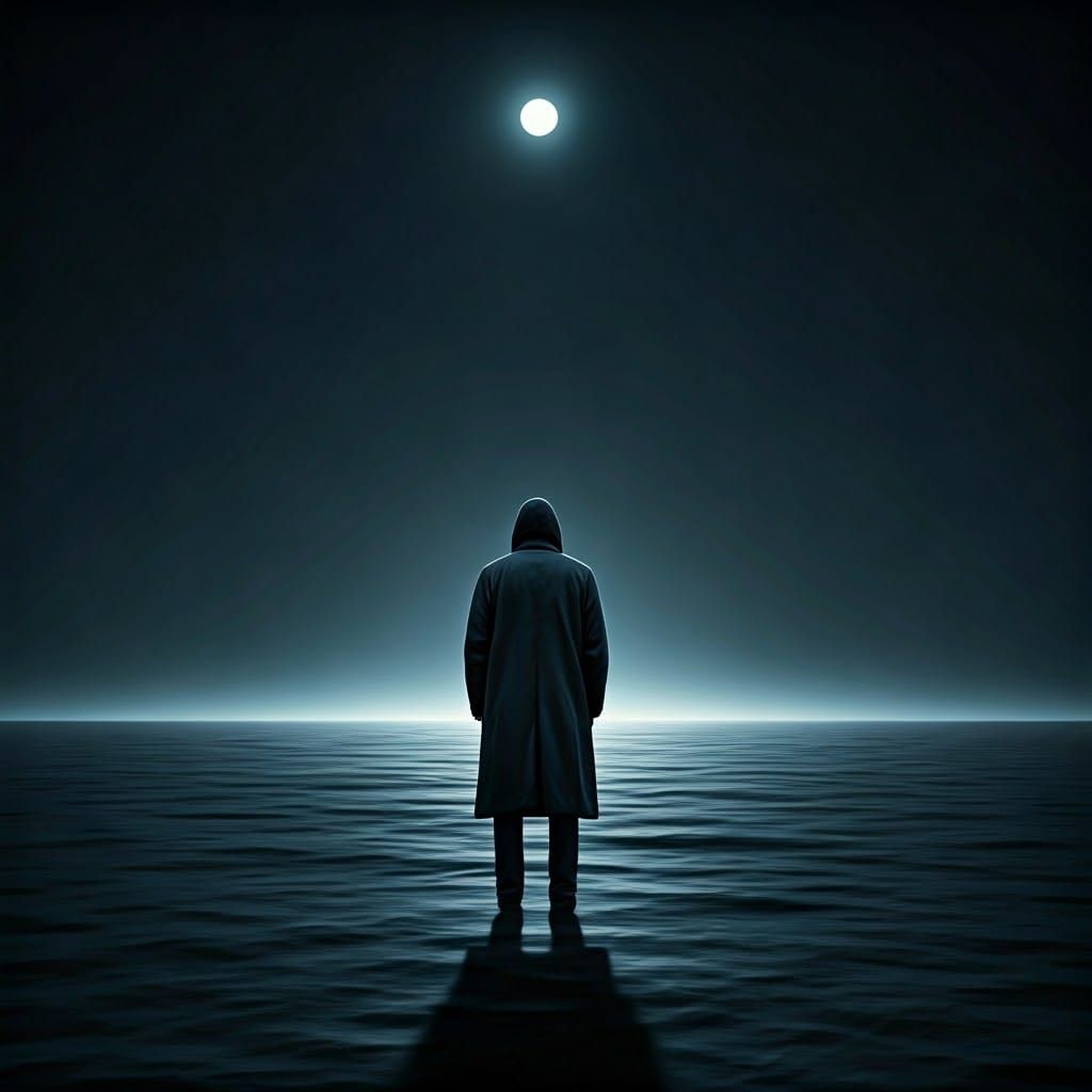 Contemplative Figure in Moonlit Landscape