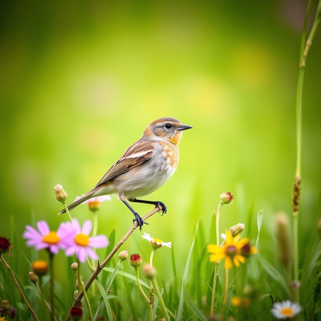 Calm Bird Perched on a Twig with Swaying Flowers