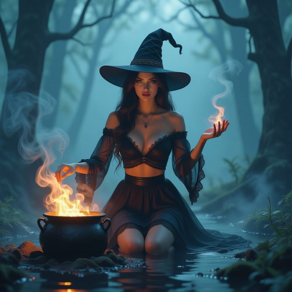 Witch Conjuring Spirits in Ethereal Dark Fantasy Art