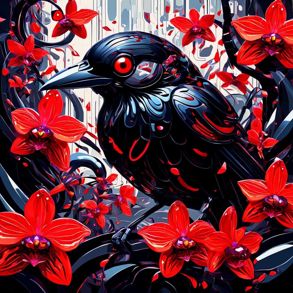 Black Bird on Robotic Flowers in Cubist Style