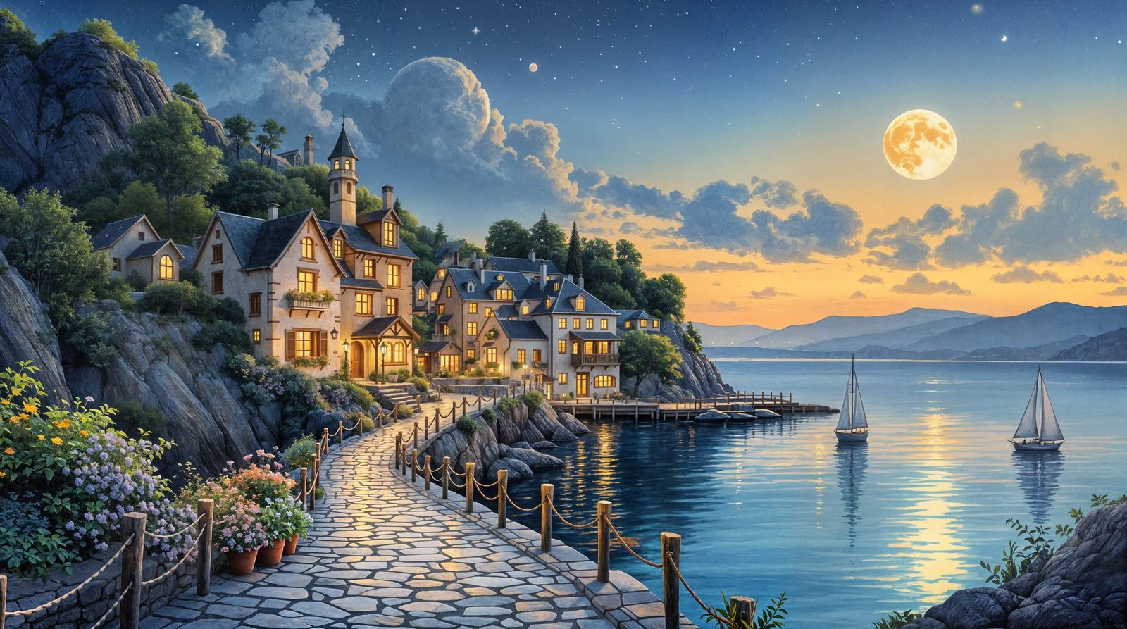 Twilight European Coastal Village in Impressionistic Style
