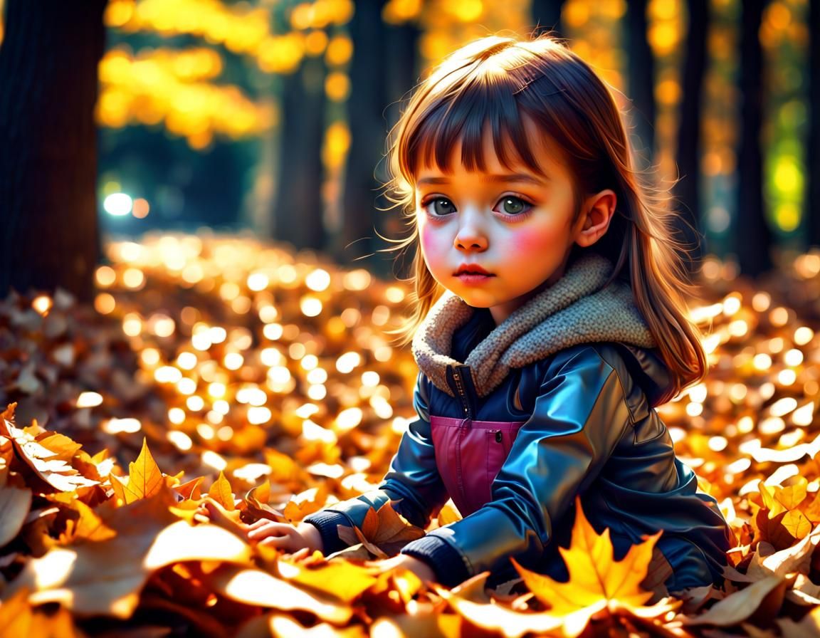 Android Girl Playing in Autumn Leaves: Hyperrealistic Render