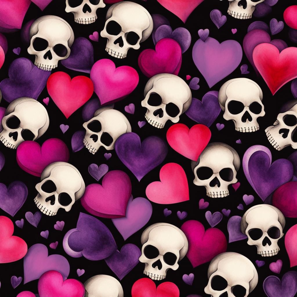 Gothic Hearts and Skulls in Surreal Watercolor