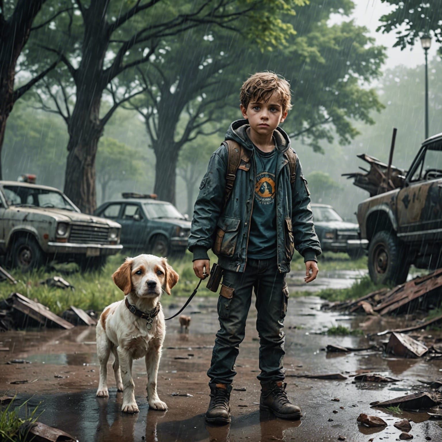 Boy and Puppy in Post-Apocalyptic Park