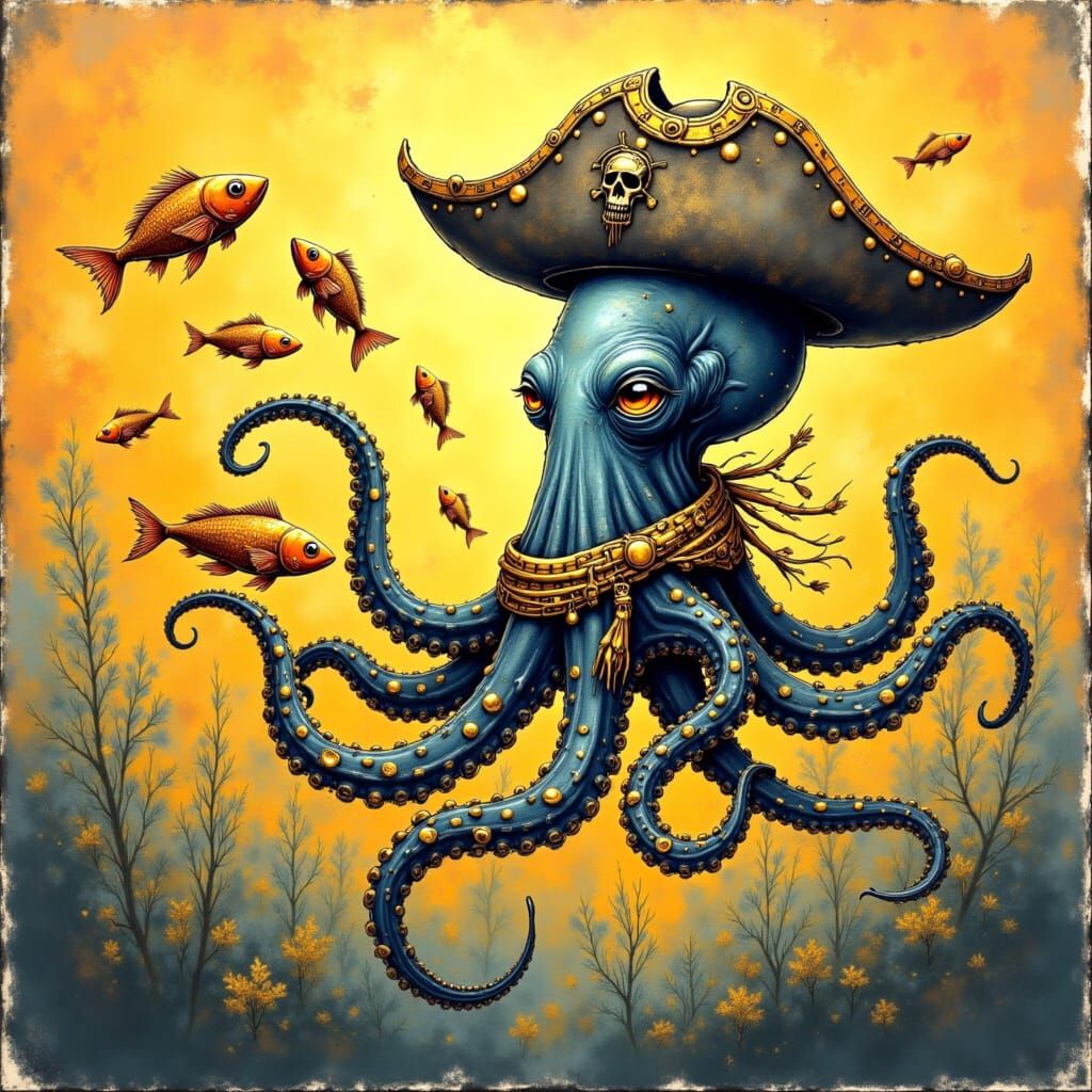 Pirate Octopus Juggling Fish in Underwater Scene
