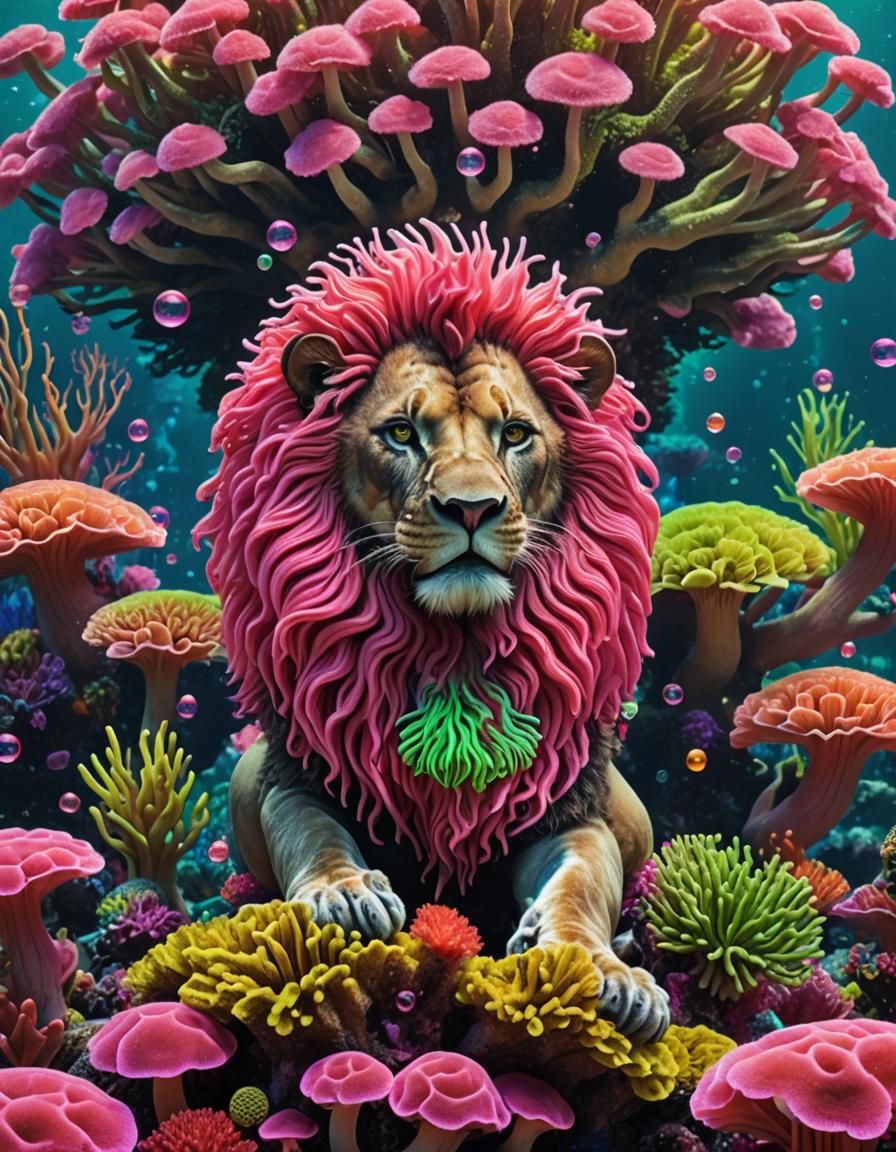 Neon Pink Lion on Coral Reef in HDR