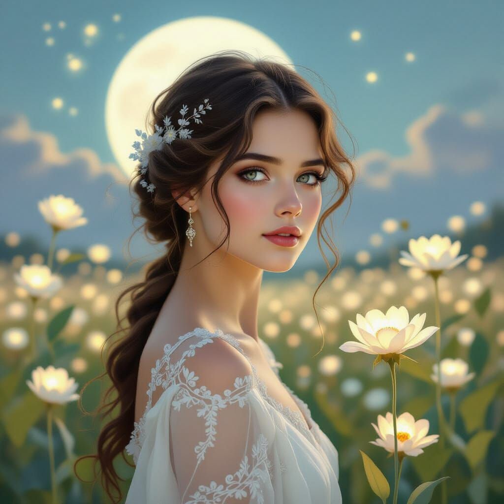 Ethereal Young Woman Portrait in Art Nouveau Style