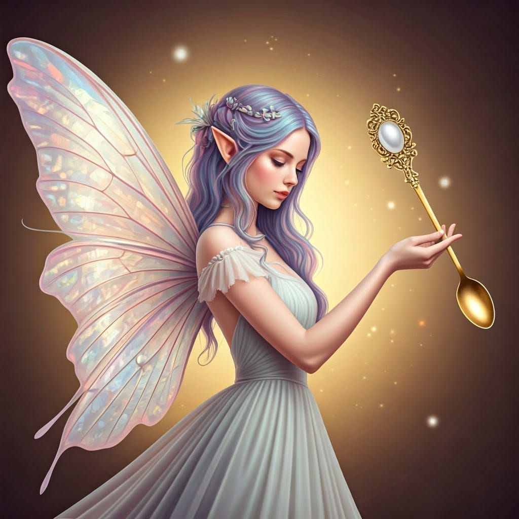 Ethereal Fairy with Golden Spoon in Romantic Style