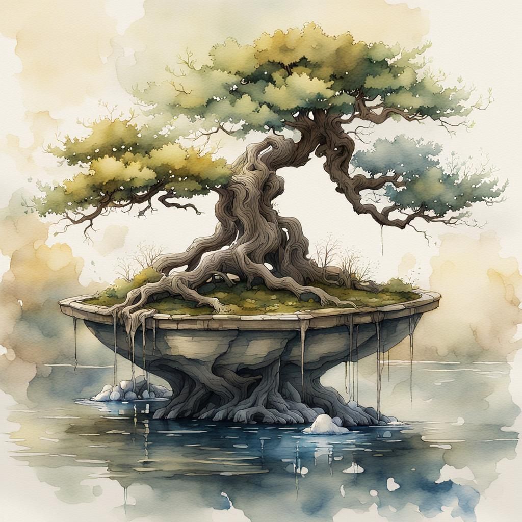 Bonsai Tree Watercolor Painting in Fantasy Style